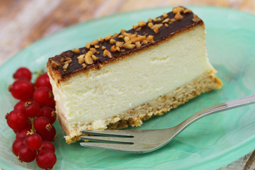 Slice of baked Polish cheesecake with chocolate topping and chopped nuts
