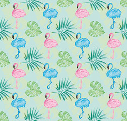 Tropical pattern with tiffany blue background and watercolor painted pink flamingo and leaves