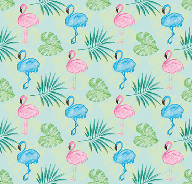 Tropical pattern with tiffany blue background and watercolor painted pink flamingo and leaves