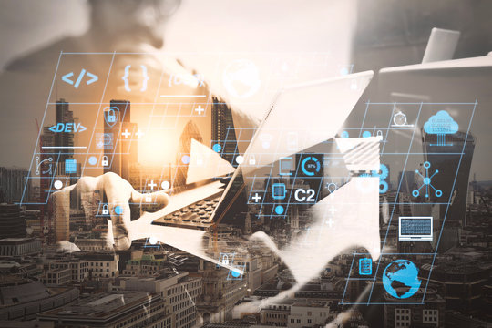 Double exposure,Business team meeting present. investor working with new start up project. Digital tablet laptop computer design smart phone using, keyboard docking screen - Powered by Adobe