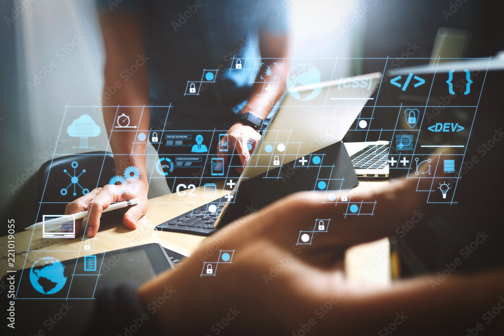 Aufkleber Coding software developer work with AR new design dashboard computer icons of scrum agile development and code fork and versioning with responsive cybersecurity.team working with engineer.