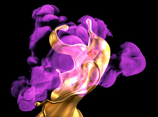 Splash of gold and smoke on a black background. 3d illustration, 3d rendering.