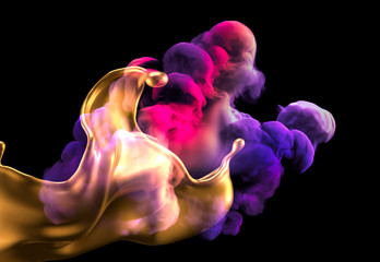 Splash of gold and smoke on a black background. 3d illustration, 3d rendering.