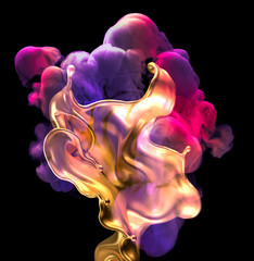 Splash of gold and smoke on a black background. 3d illustration, 3d rendering.