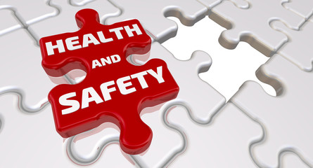 Health and safety. The inscription on the missing element of the puzzle. Folded white puzzles elements and one red with text HEALTH AND SAFETY. 3D Illustration