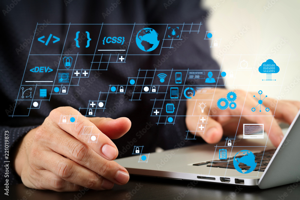 Poster close up of businessman hand working with laptop computer in modern office