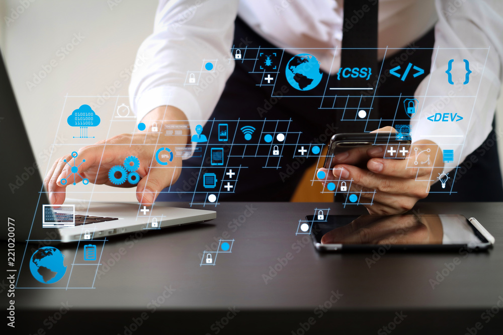 Poster close up of businessman working with smart phone and laptop and digital tablet computer in modern office