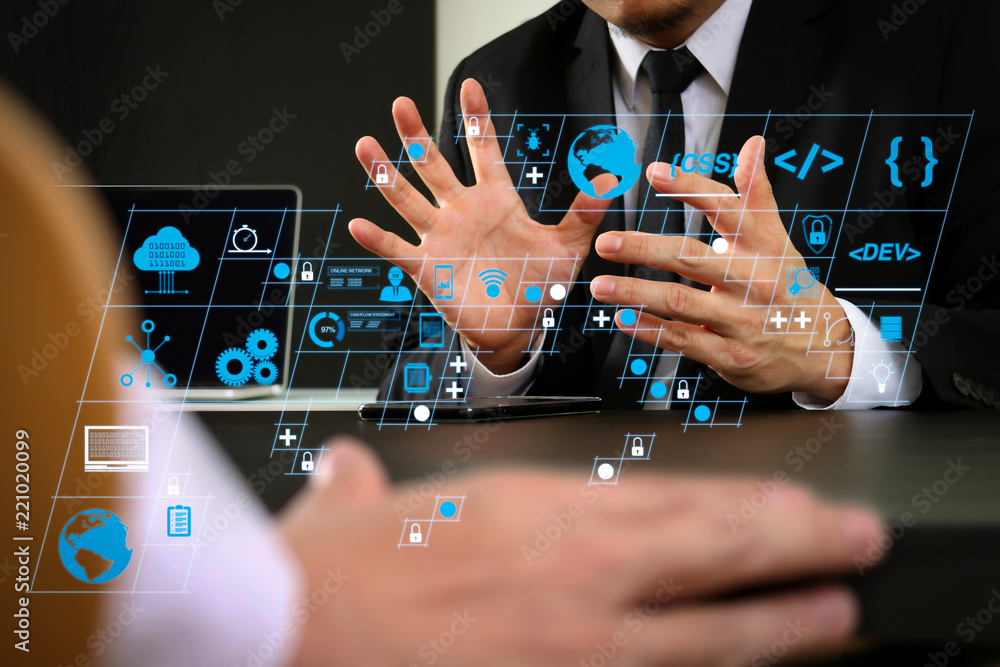 Poster co working team meeting concept,businessman using smart phone and digital tablet and laptop computer
