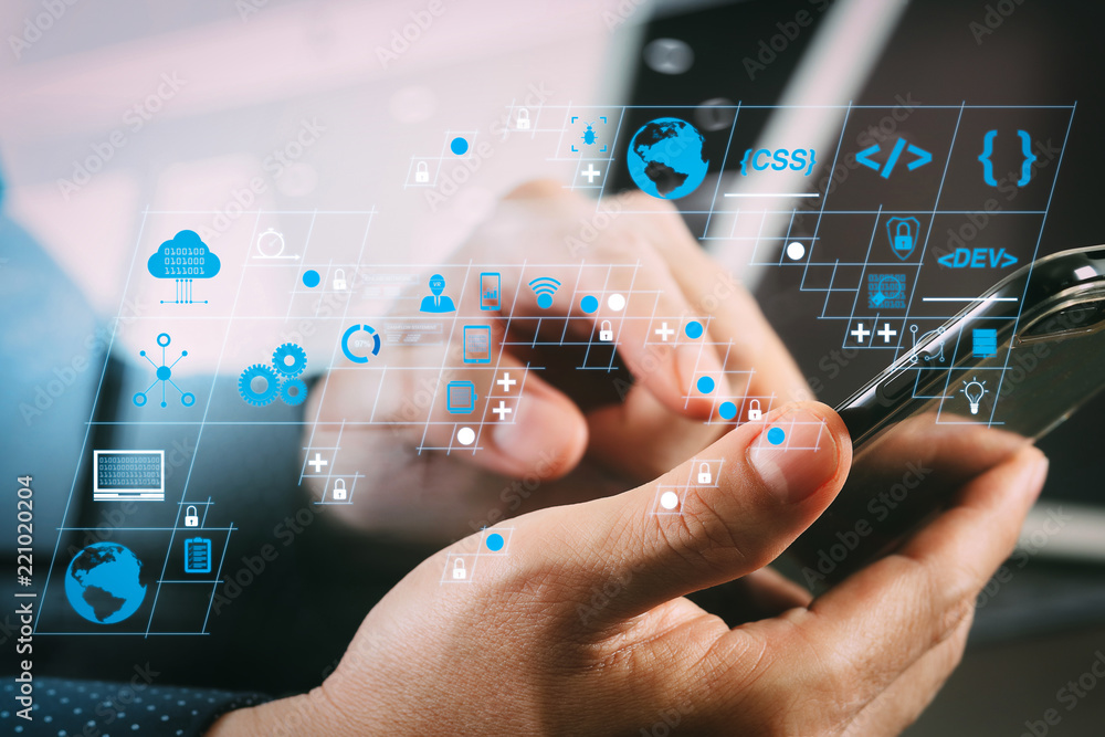 Poster close up of businessman hand working with smart phone and laptop and digital tablet computer in mode