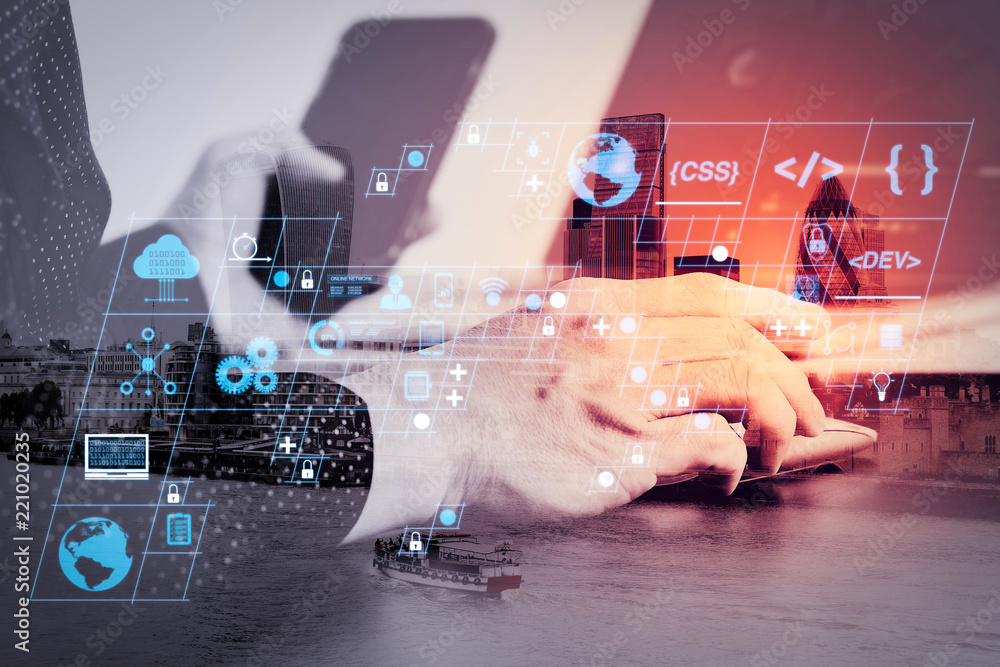 Aufkleber close up of businessman hand working with smart phone and laptop and digital tablet computer in modern office with London city exposure