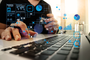 hands using laptop and holding credit card with social media diagram as Online shopping concept