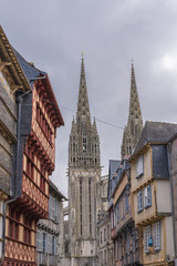 Fototapeta na wymiar Quimper in Brittany, the Saint-Corentin cathedral, medieval houses 