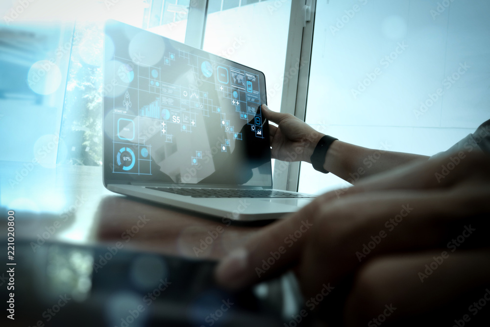Poster businessman hand working with modern technology and digital layer effect as business strategy