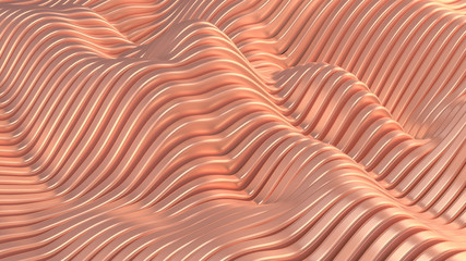 Pink metallic background with waves and lines. 3d illustration, 3d rendering.