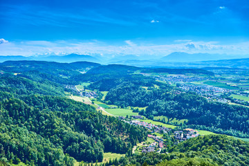 Backlands and woods of Zurich in Switzerland / View over Cantons of "Aargau" and "Zug" with alps in the background