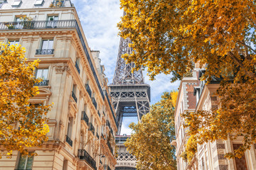 street view with the eiffel tower in the background - autumn scene
