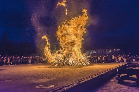 Det flammande Valborgsmässobålet på Skansen i Stockholm