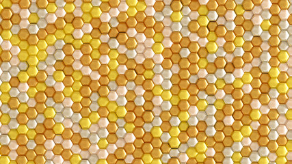 Golden geometric background with hexagons. 3d illustration, 3d rendering.