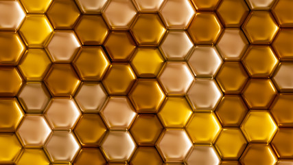 Golden geometric background with hexagons. 3d illustration, 3d rendering.