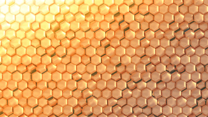 Golden geometric background with hexagons. 3d illustration, 3d rendering.