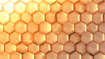 Golden geometric background with hexagons. 3d illustration, 3d rendering.