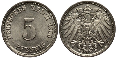 Germany German coin 5 five pfennig 1906, large digit of value in center, imperial eagle with shield on chest, crown with ribbon above,
