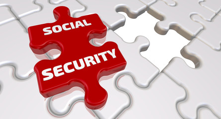 Fototapeta premium Social security. The inscription on the missing element of the puzzle. Folded white puzzles elements and one red with text SOCIAL SECURITY. 3D Illustration
