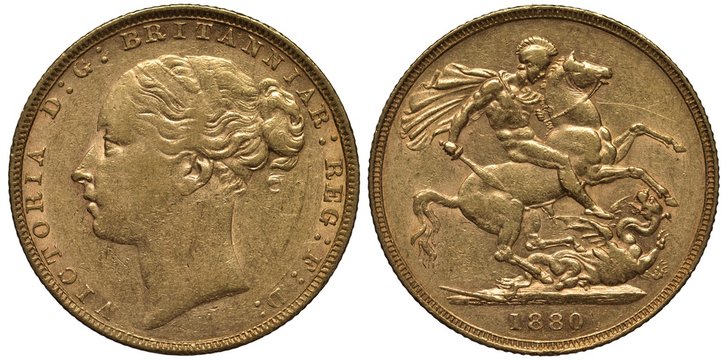 Great Britain British golden coin 1 one sovereign 1880, head of Queen Victoria, St George on horse killing dragon, date below,