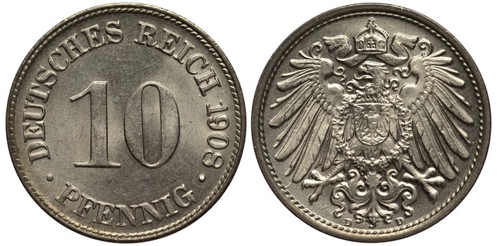 Germany German coin 10 ten pfennig 1908, large digit of value in center,  imperial eagle with shield on chest, crown with ribbon above, Stock Photo |  Adobe Stock