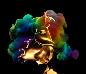 Splash of gold and smoke rainbow color on a black background. 3d illustration, 3d rendering.