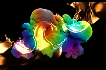 Splash of gold and smoke rainbow color on a black background. 3d illustration, 3d rendering.