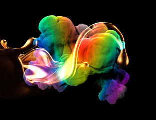 Splash of gold and smoke rainbow color on a black background. 3d illustration, 3d rendering.