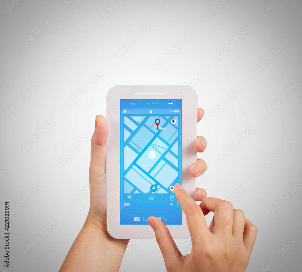 Poster Close up of Tourist using GPS map navigation on smartphone application screen for direction to destination address in the city with travel and technology concept.