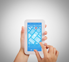 Close up of Tourist using GPS map navigation on smartphone application screen for direction to destination address in the city with travel and technology concept.