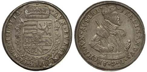 Holy Roman Empire (Austria) silver coin 1 one thaler 1564-1595, crowned shield with designs surrounded by collar of the order, ruler Ferdinand II, bust right,