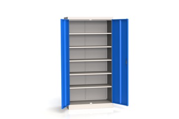 Metal cabinet with shelves for tools. Fireproof shelving for documents. 3D model rendering.