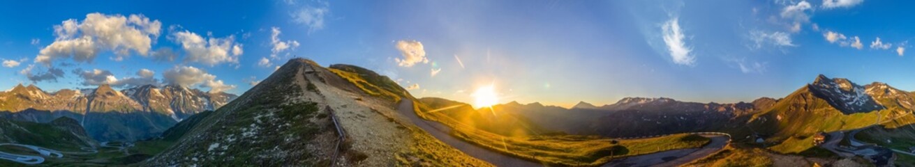Panoramic view of the High Tauern Mountain Road up to the Edelweissspitze at sunrise