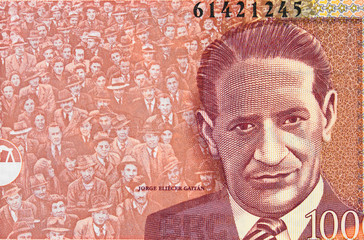 Jorge Eliecer Gaitan portrait on Colombia currency 1000 peso (2015) banknote closeup, Colombian money close up..