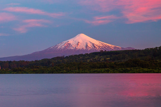 scenic view of Villarrica Volcano in Chile patagonia sunset