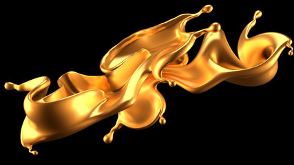 Gold splash liquid black background. 3d illustration, 3d rendering.