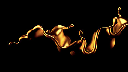 Gold splash liquid black background. 3d illustration, 3d rendering.