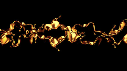 Gold splash liquid black background. 3d illustration, 3d rendering.