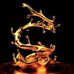 Gold splash liquid black background. 3d illustration, 3d rendering.