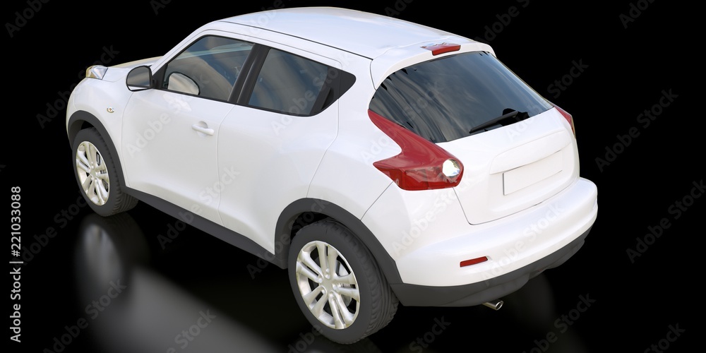 Poster white subcompact crossover suv on black background. 3d rendering.