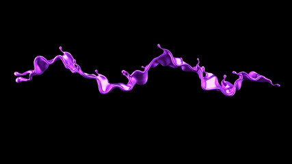 Purple splash liquid black background. 3d illustration, 3d rendering.