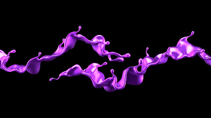 Purple splash liquid black background. 3d illustration, 3d rendering.