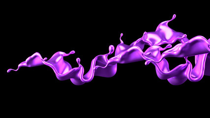 Purple splash liquid black background. 3d illustration, 3d rendering.