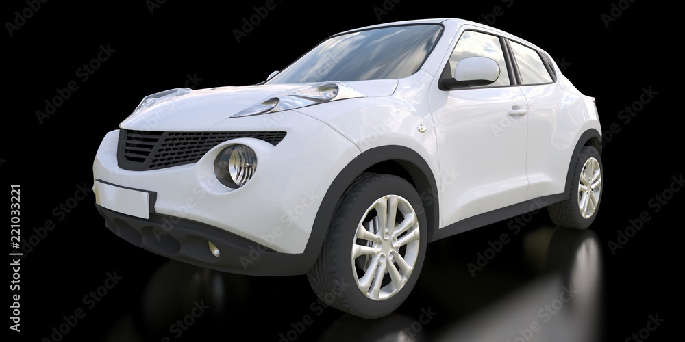 Poster white subcompact crossover suv on black background. 3d rendering.