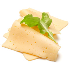 cheese slices  and salad leaves isolated on white background cutout