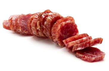 Salami smoked sausage slices isolated on white background cutout